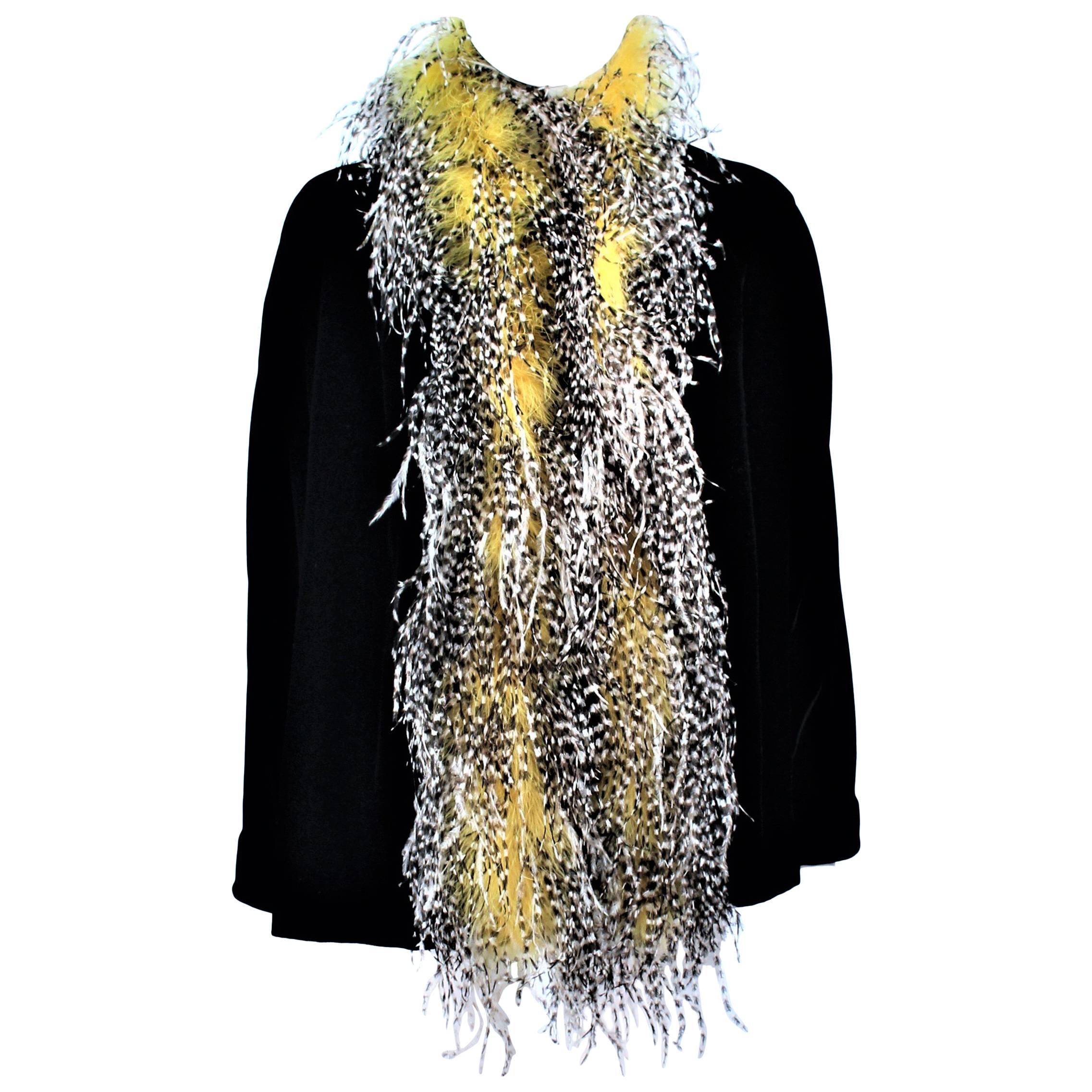 FRANK TAGNINO Black Velvet Coat with Yellow Black & White Feather Trim 6 8 10 For Sale