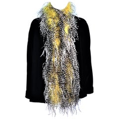 FRANK TAGNINO Black Velvet Coat with Yellow Black & White Feather Trim 6 8 10