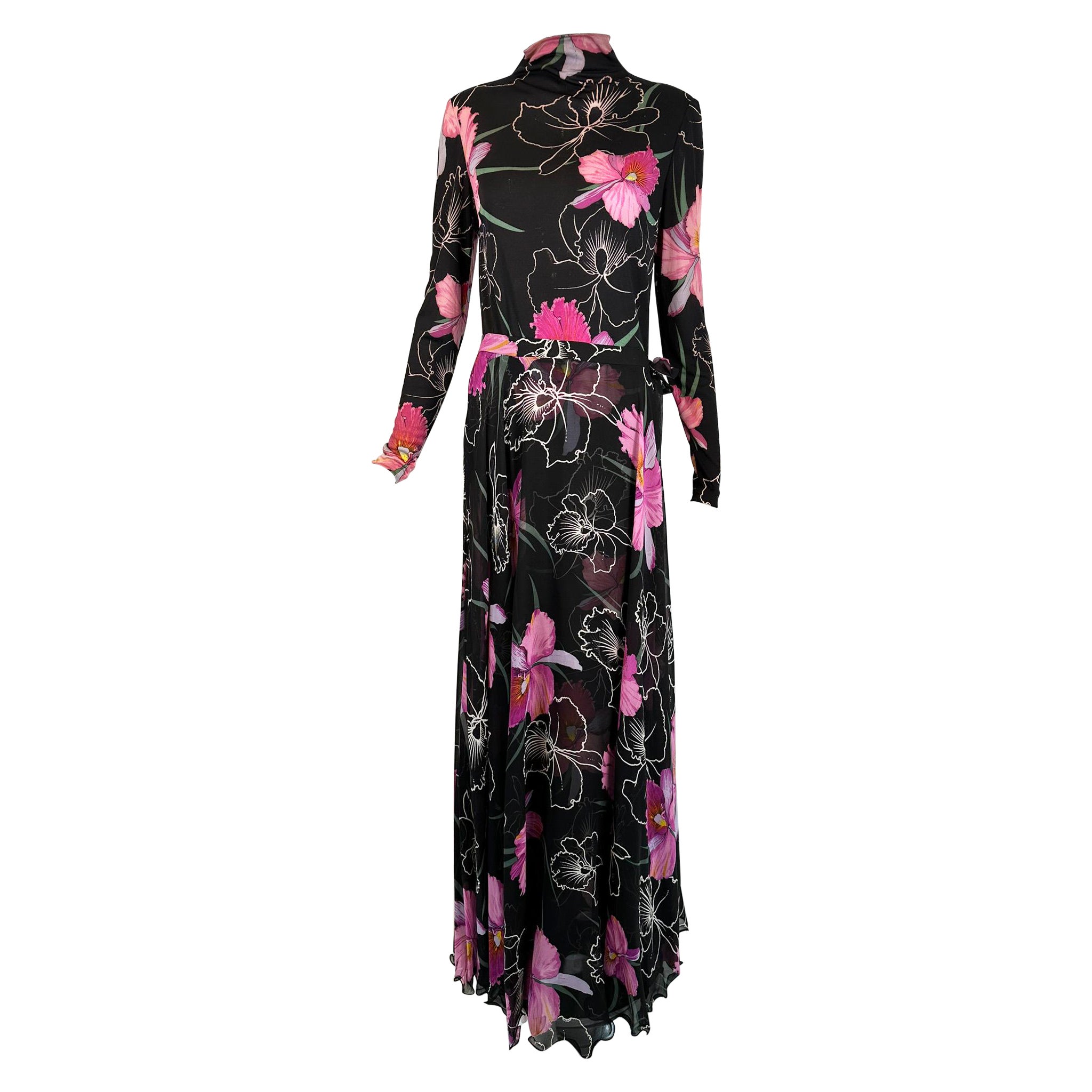 La Mendola 2pc Orchid Print Jersey Maxi Dress & Silk Chiffon Over Skirt 1960s For Sale