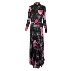 Used La Mendola 2pc Orchid Print Jersey Maxi Dress & Silk Chiffon Over Skirt 1960s