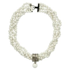 Retro Twisted White Bead Necklace with Silver Plated and Black Enamel Pendant