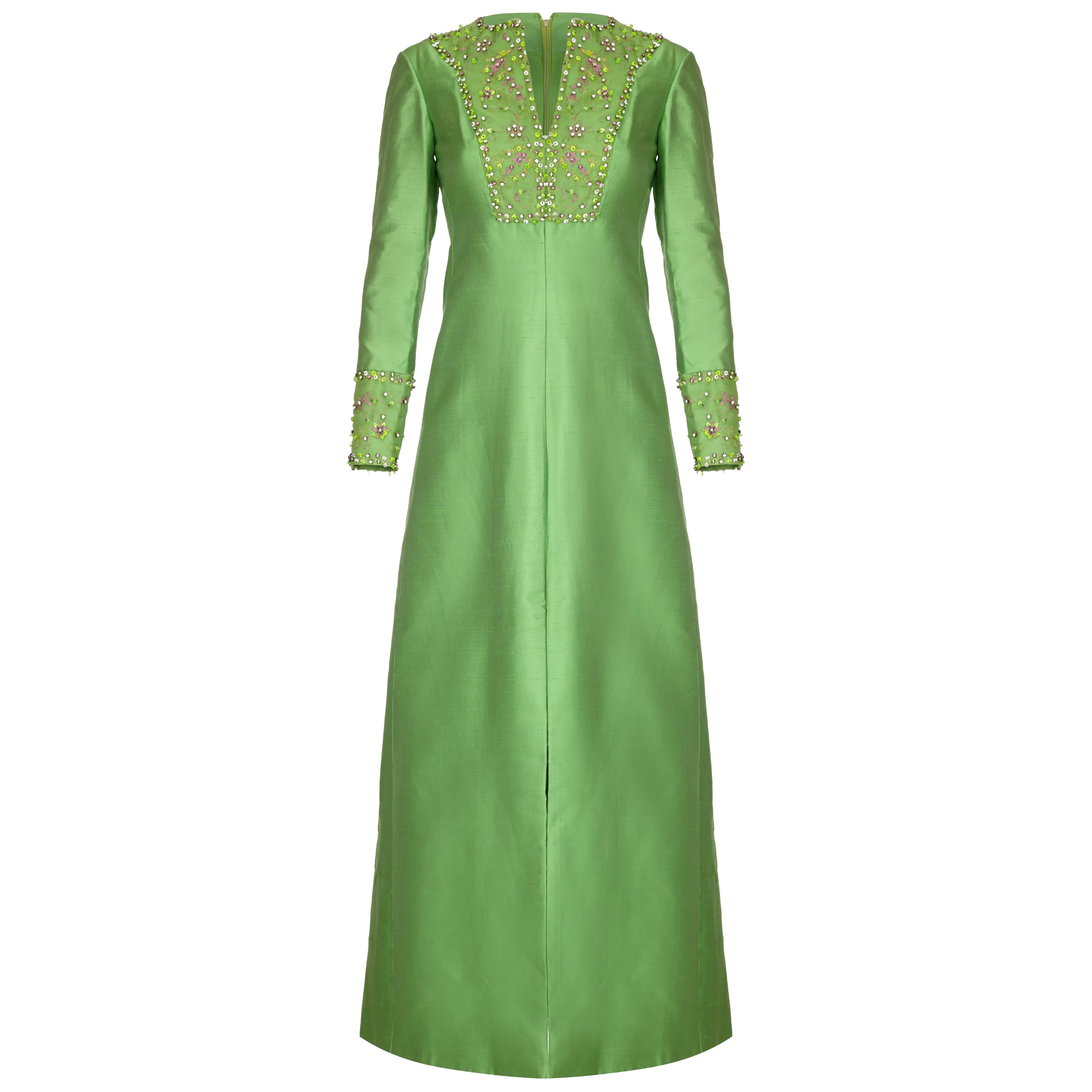 1960s Gino Charles for Malcolm Starr Green Beaded Collar Dress For Sale
