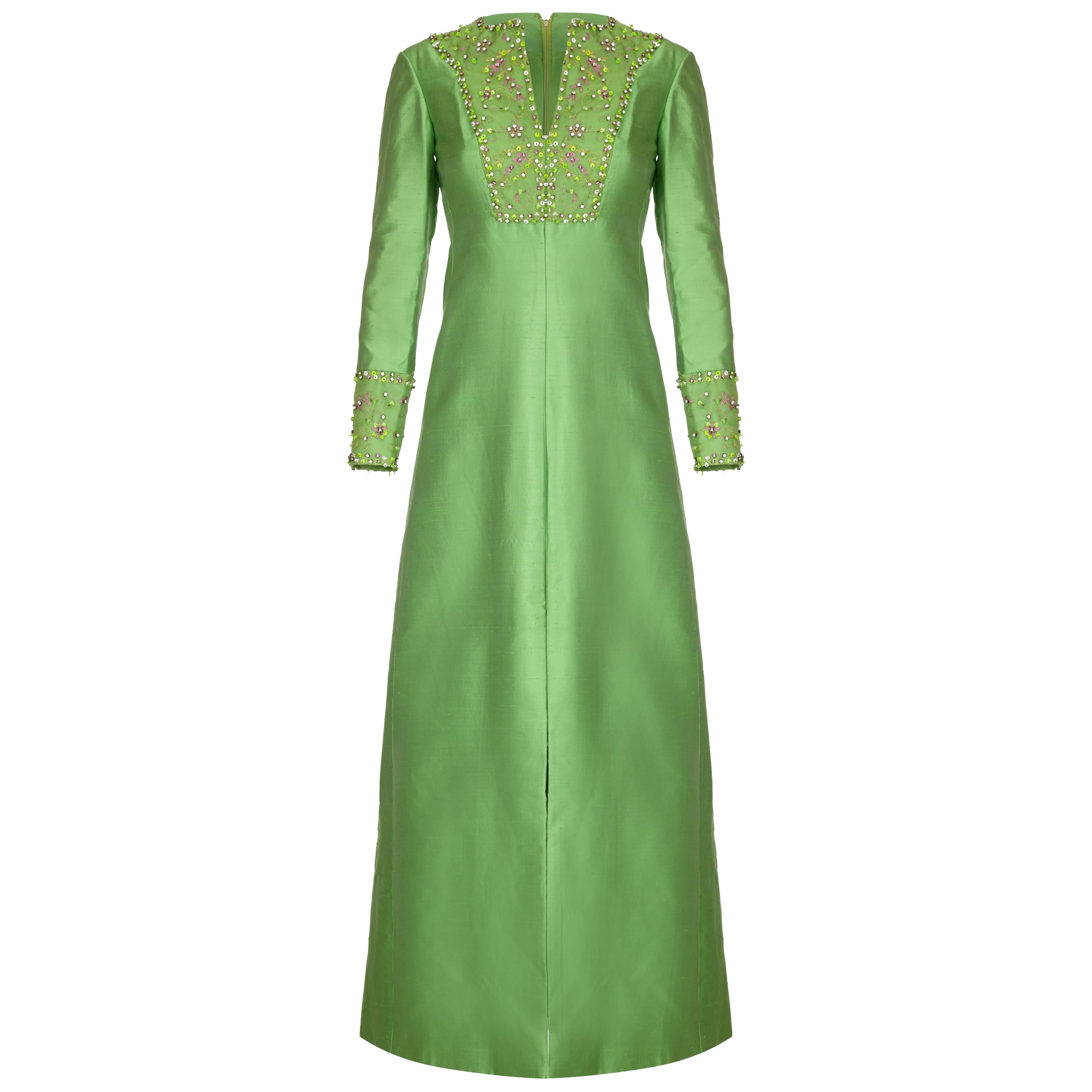 1960 Gino Charles para Malcolm Starr Vestido verde con cuello de cuentas en venta