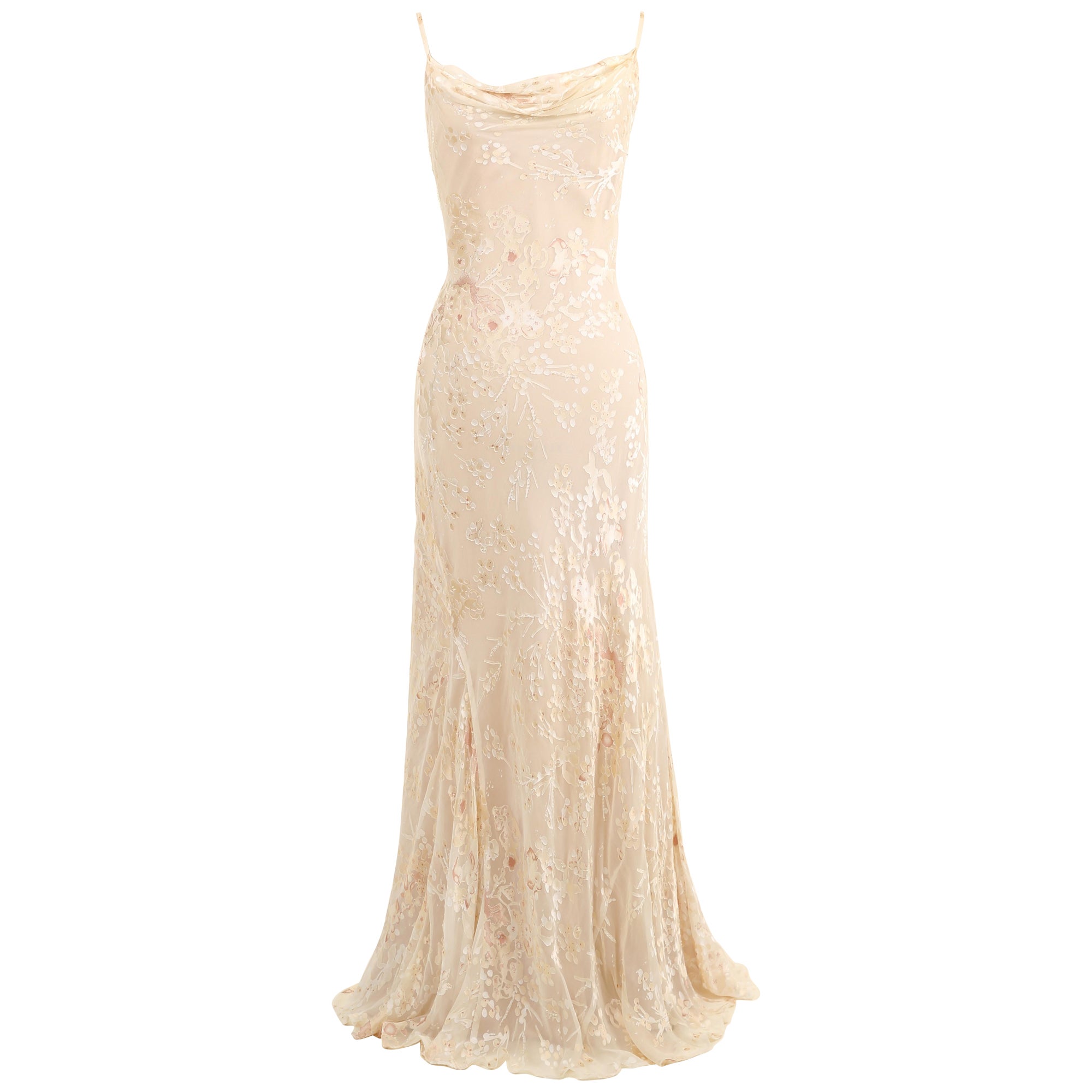 Vintage nude ivory beaded silk sheer floral layered wedding slip dress gown M L For Sale