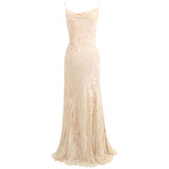 Retro nude ivory beaded silk sheer floral layered wedding slip dress gown M L