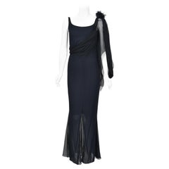 2002 Chanel Cruise Collection Midnight Blue Silk Chiffon Draped Bias-Cut Gown
