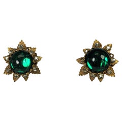 Vintage DeMario Emerald Cabochon Flower Ear Clips