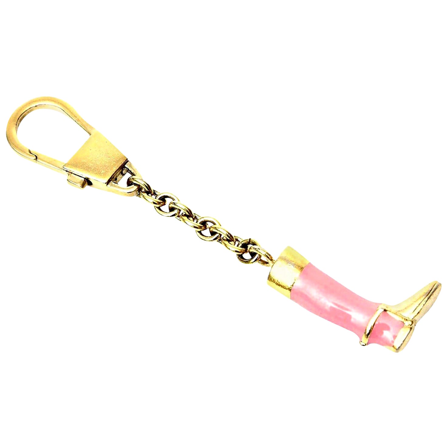  Gucci Pink Enamel and Brass Plate Stirrup Boot Key Chain Vintage 