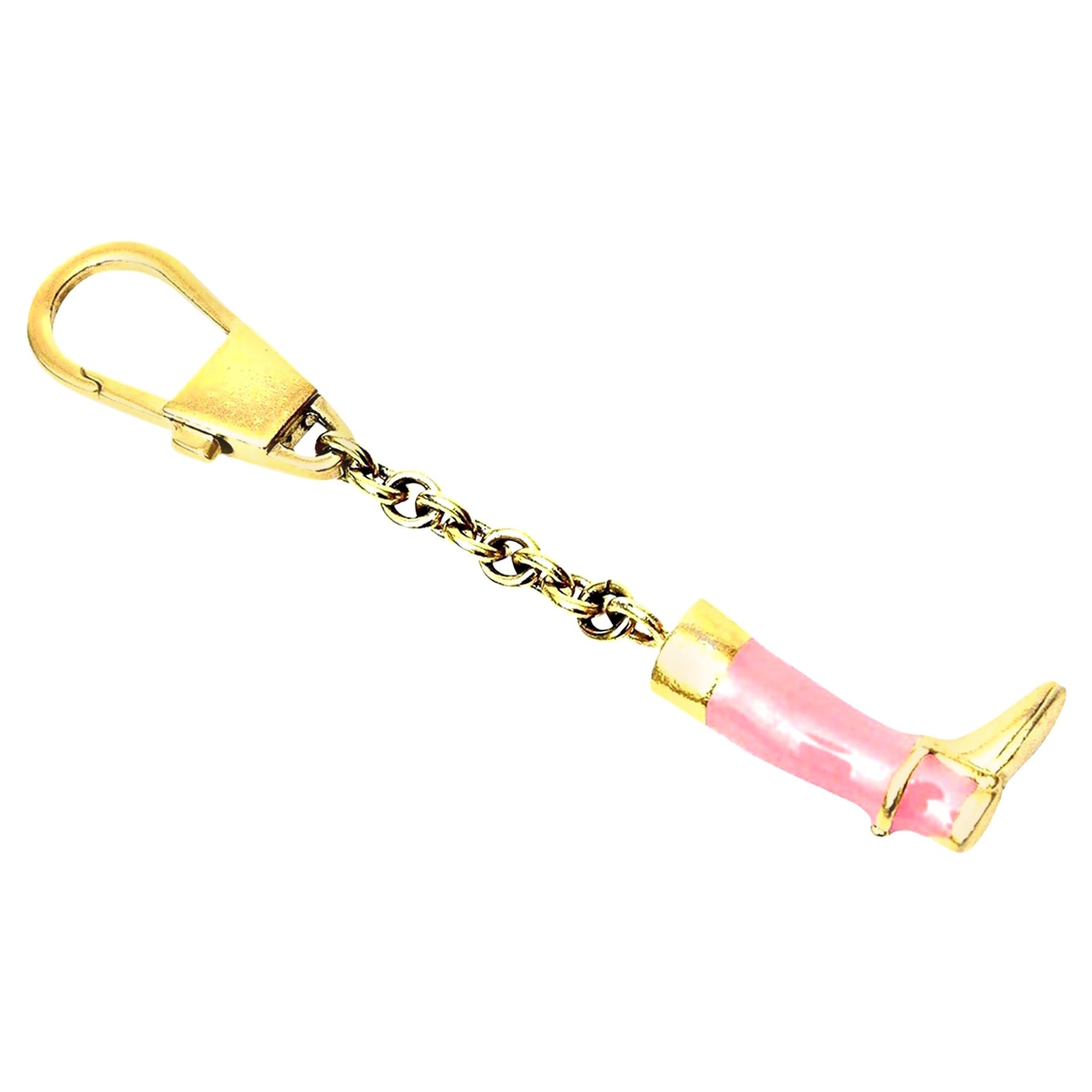  Gucci Signed Vintage Pink Enamel and Brass Plate Stirrup Boot Key Chain  For Sale
