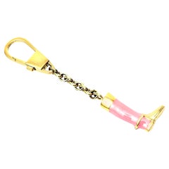  Gucci Signed Vintage Pink Enamel and Brass Plate Stirrup Boot Key Chain 