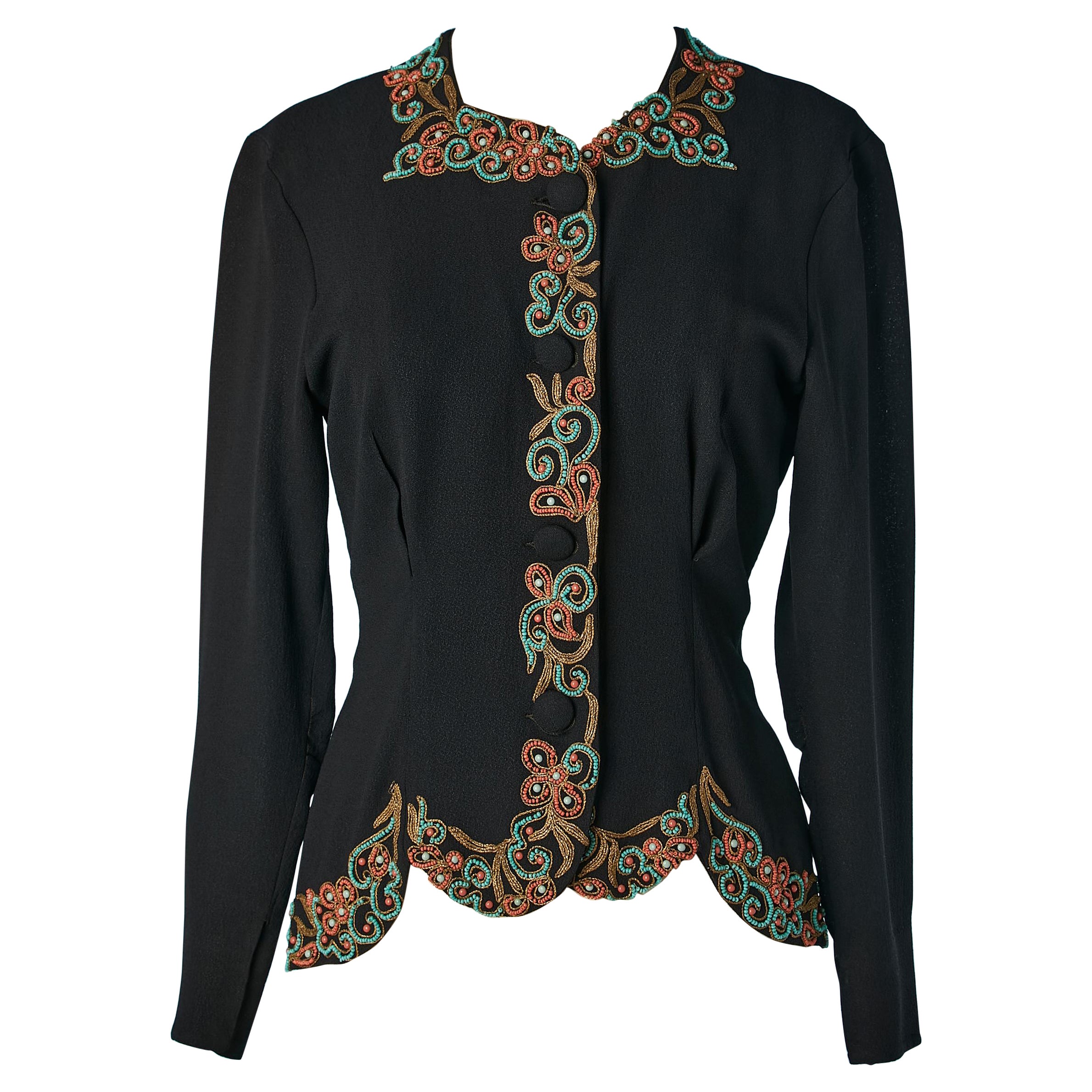 Black crêpe jacket with beaded work on the edge Circa 1940's  For Sale
