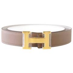 HERMES Belt Reversible Etoupe / White with Gold Buckle 85 cm 