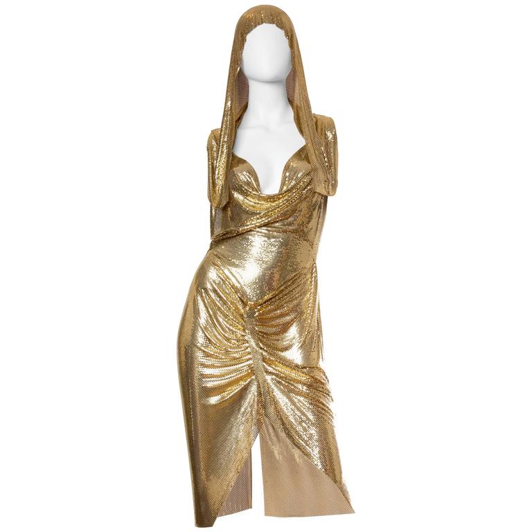 Phenomenal Whiting and Davis Gold Metal Mesh Dress and Hood For Sale at ...