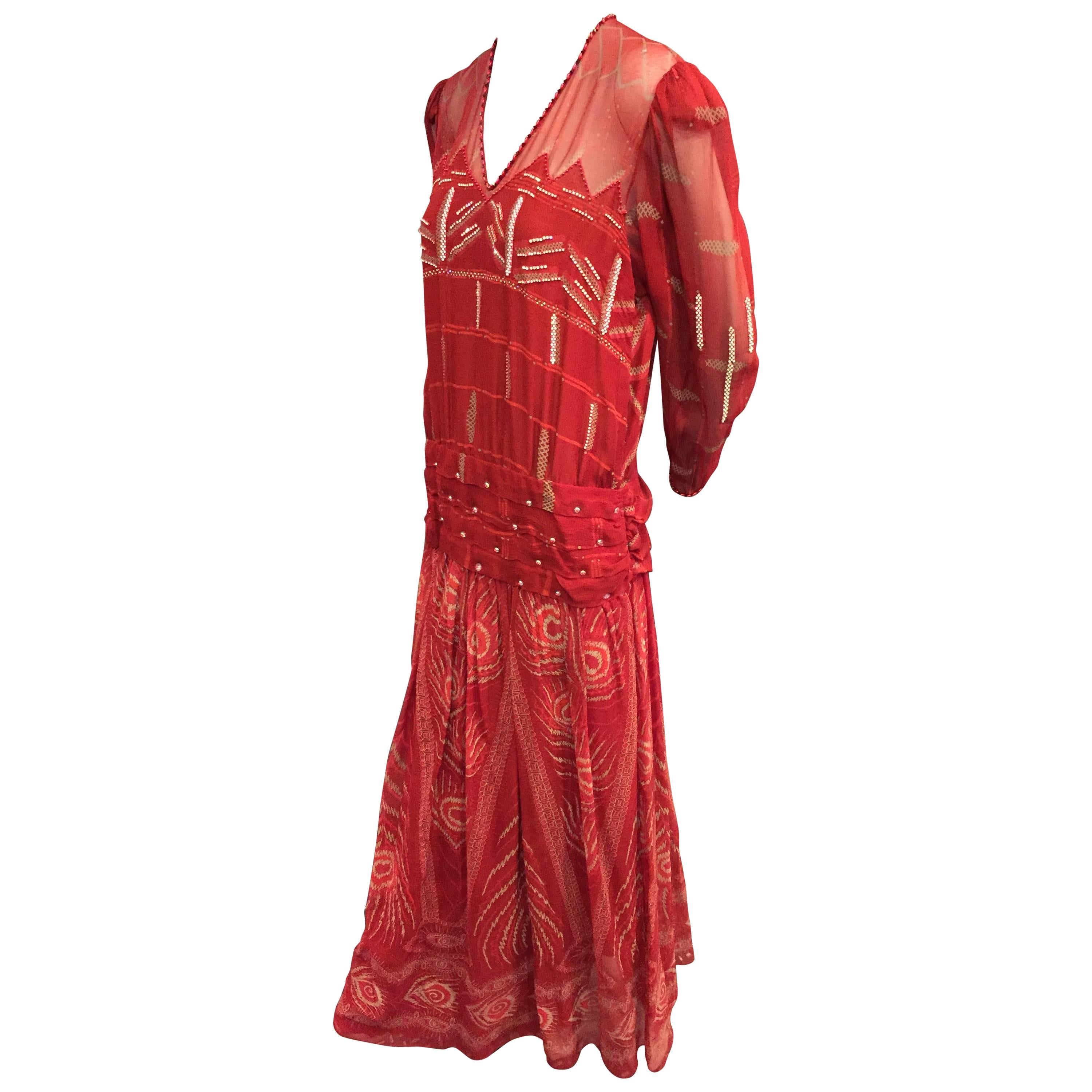 Zandra Rhodes Scarlet Silk Printed BoHo Gown with Beadwork Embellishment   For Sale