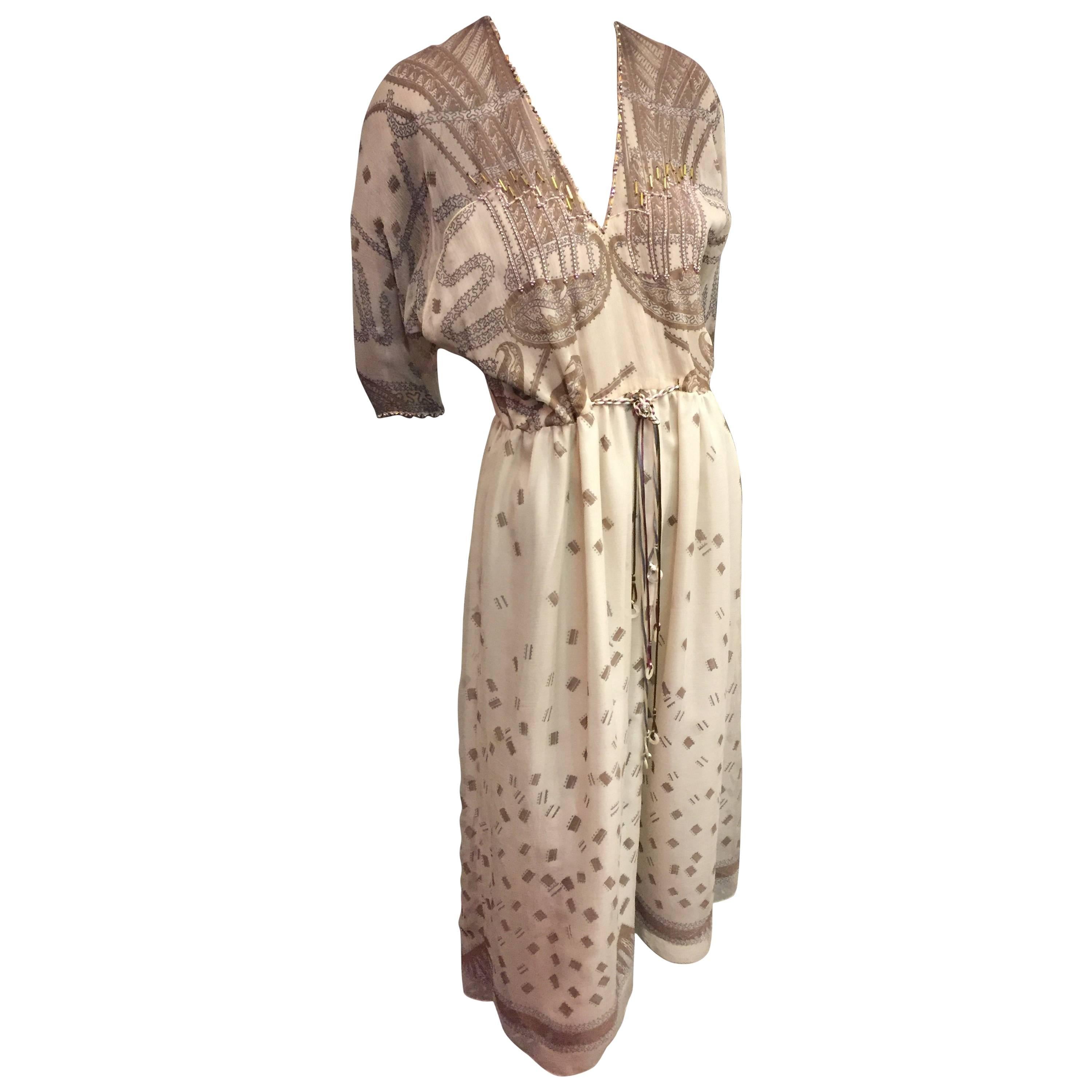1980s Zandra Rhodes Ivory Silk Chiffon "Peasant" Dress w Iconic Beading & Print
