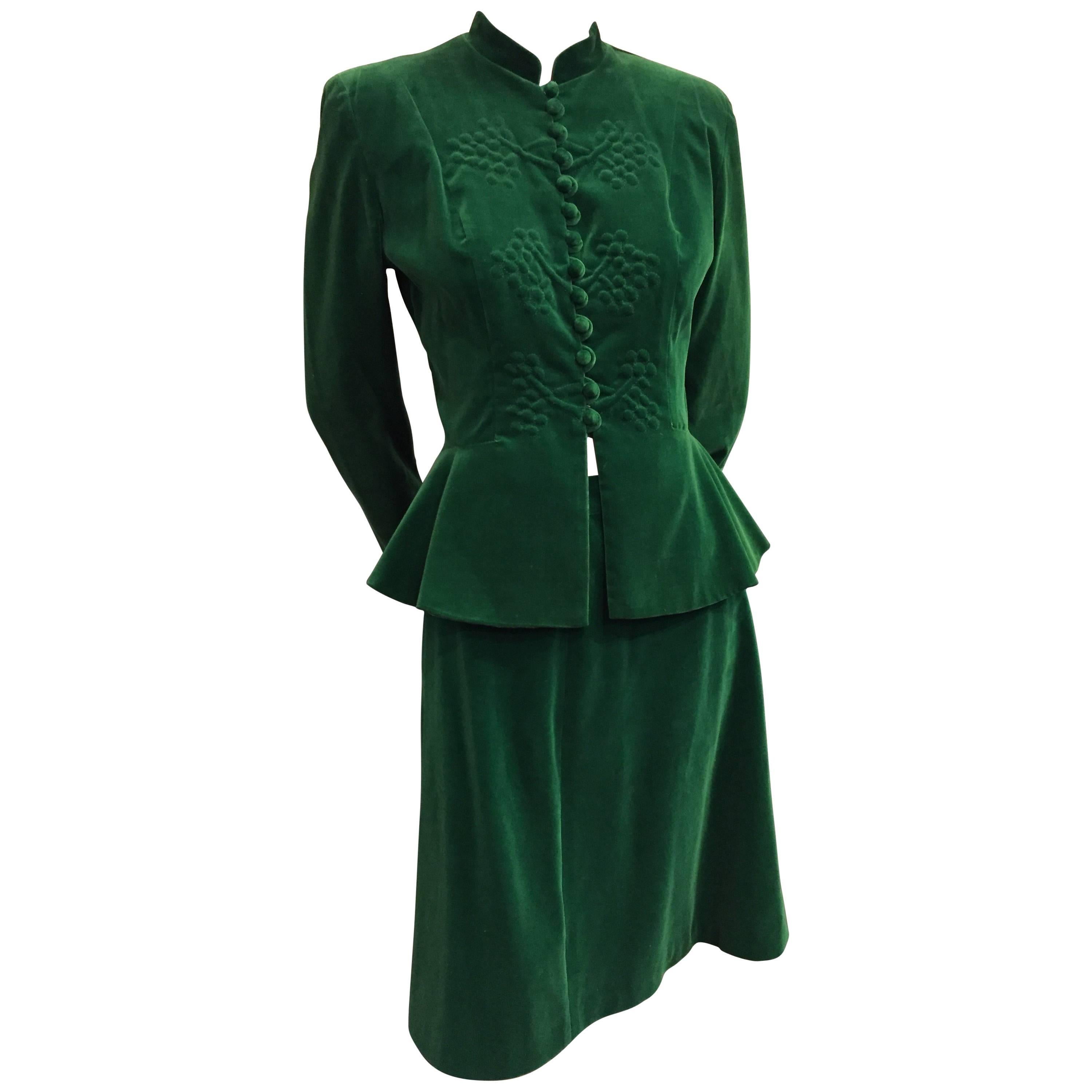 1940s Emerald Green Velvet Peplum Suit with Floral Trapunto Work and Flair