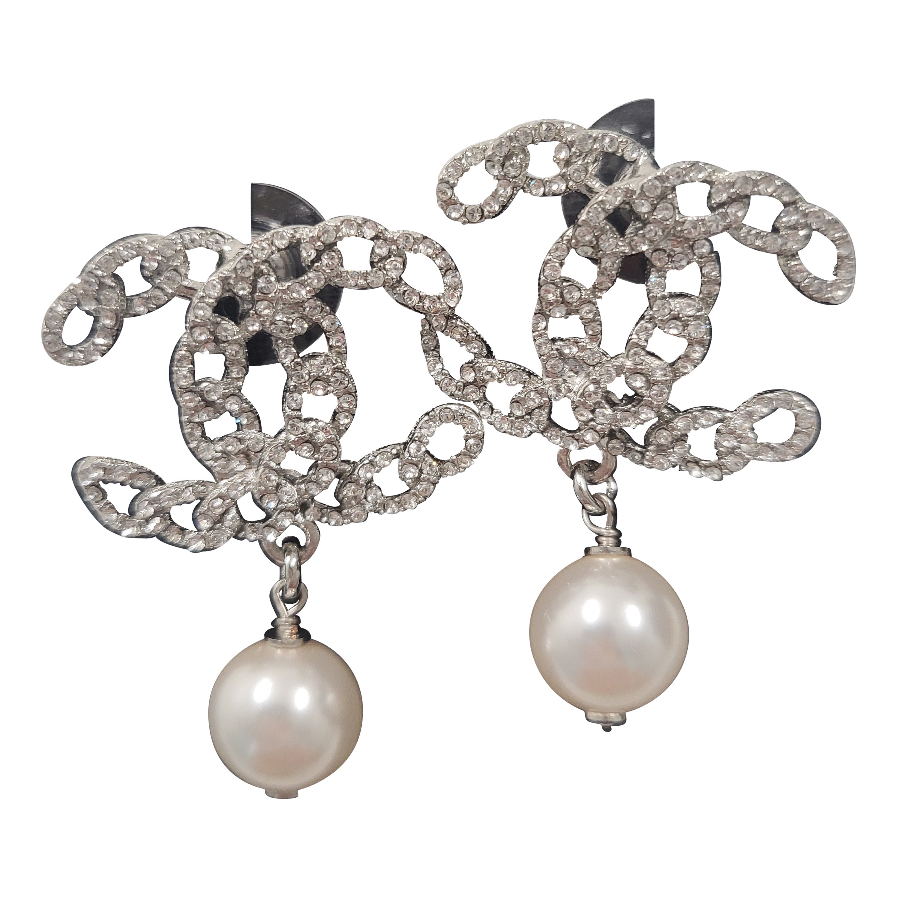Chanel Große Strass CC Tropfenperlen-Ohrringe mit baumelnden Perlen
