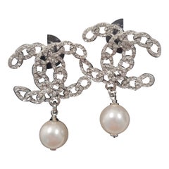 Chanel Large Rhinestone CC Drop Pearl Dangling Earrings