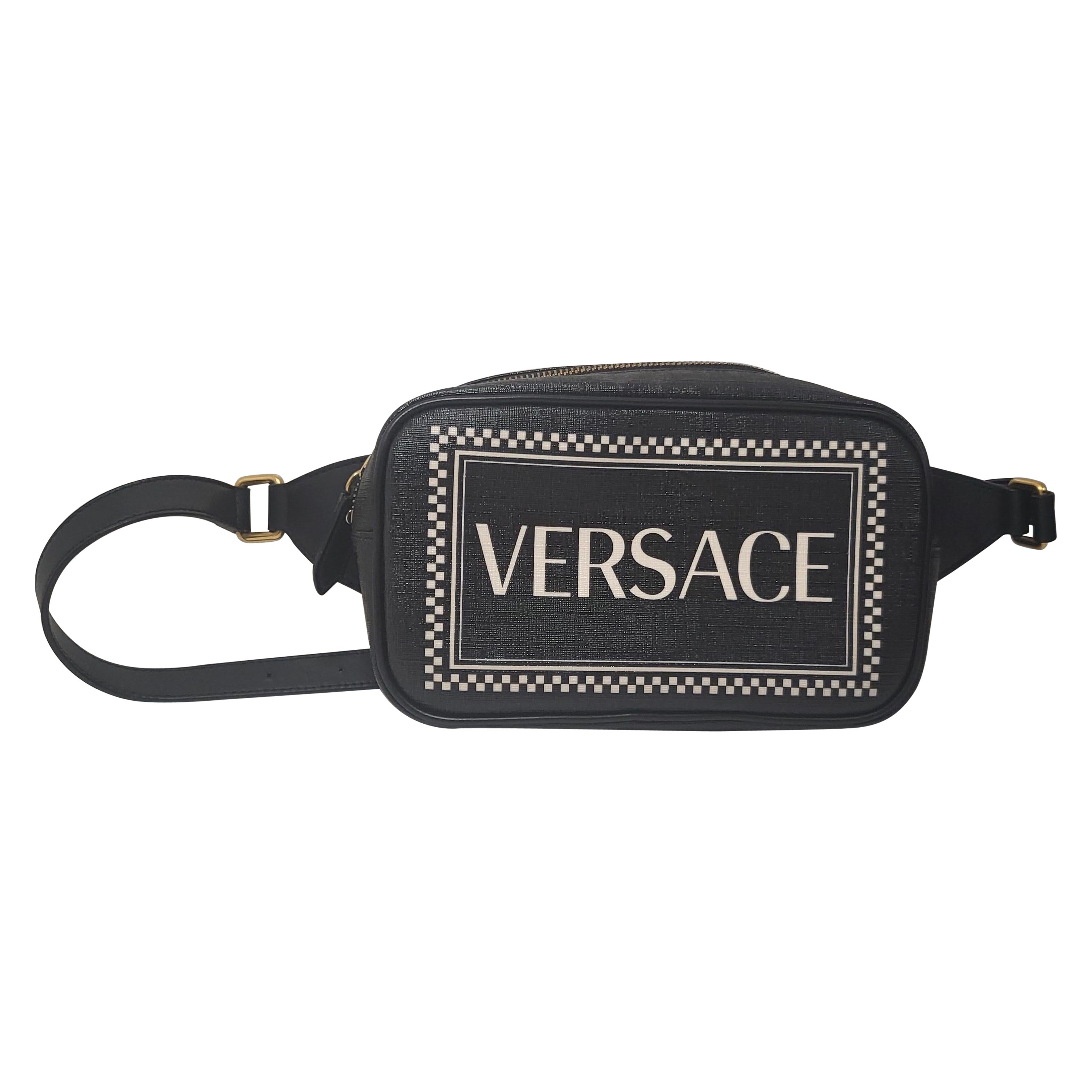 2019 VERSACE Black Leather with White Logo Waistbag Bumbag For Sale