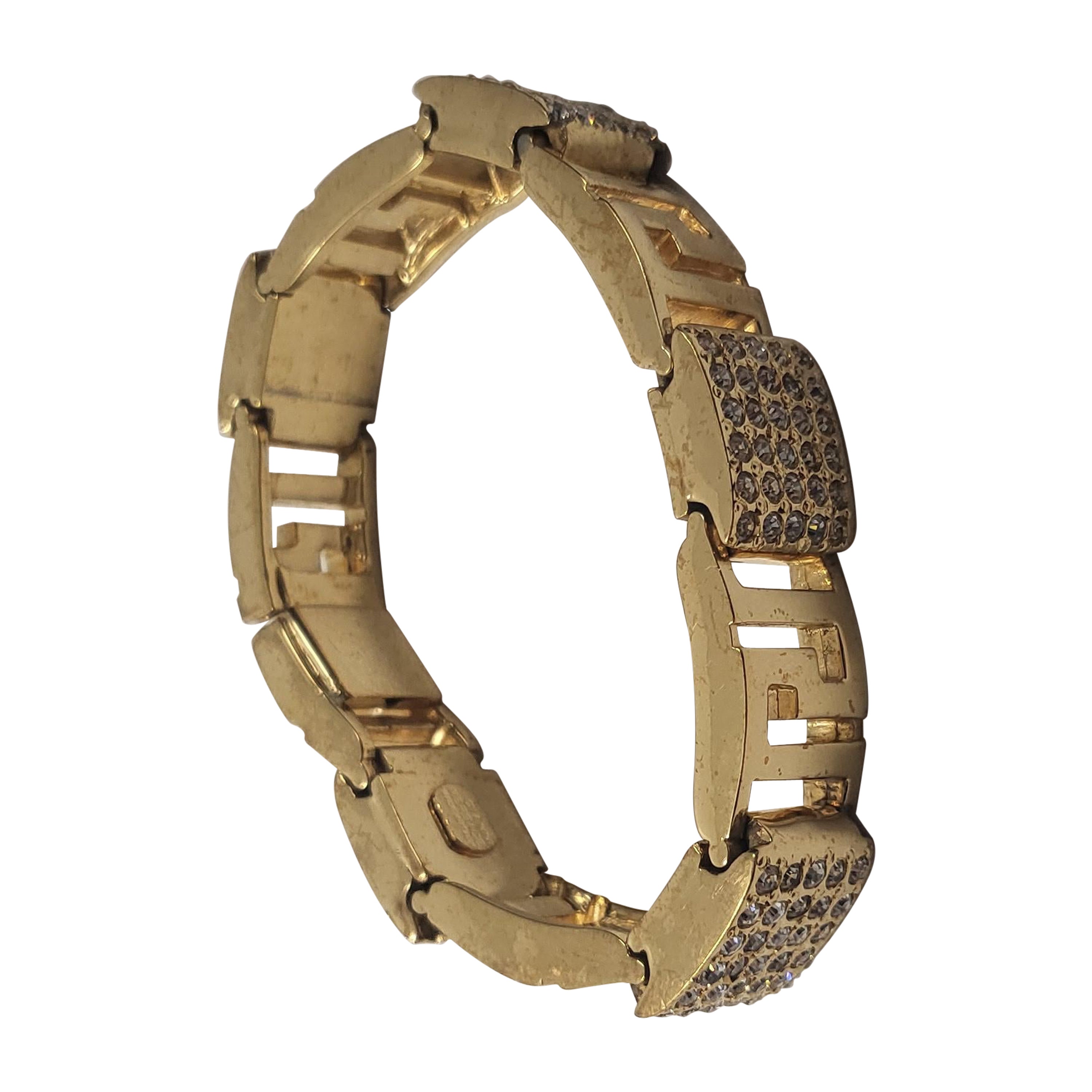 1990's Gianni Versace Gold Rhinestones Greca Chunky Bracelet  For Sale