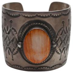 Vintage Sterling Navajo Cuff Bracelet with Large Coral Stone