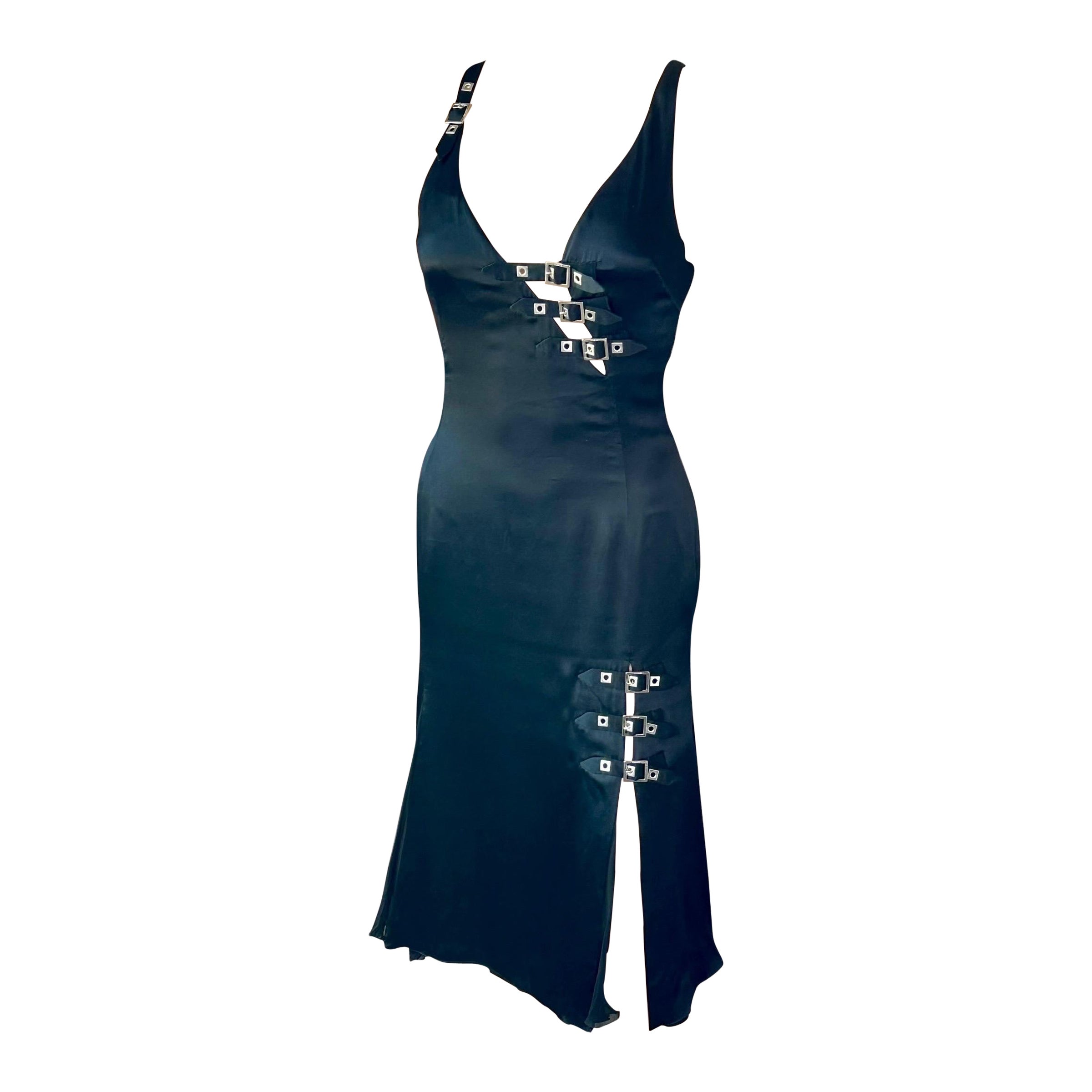 Versace F/W 2004 Embellished Buckle Studded Detail Plunging Black Evening Dress For Sale
