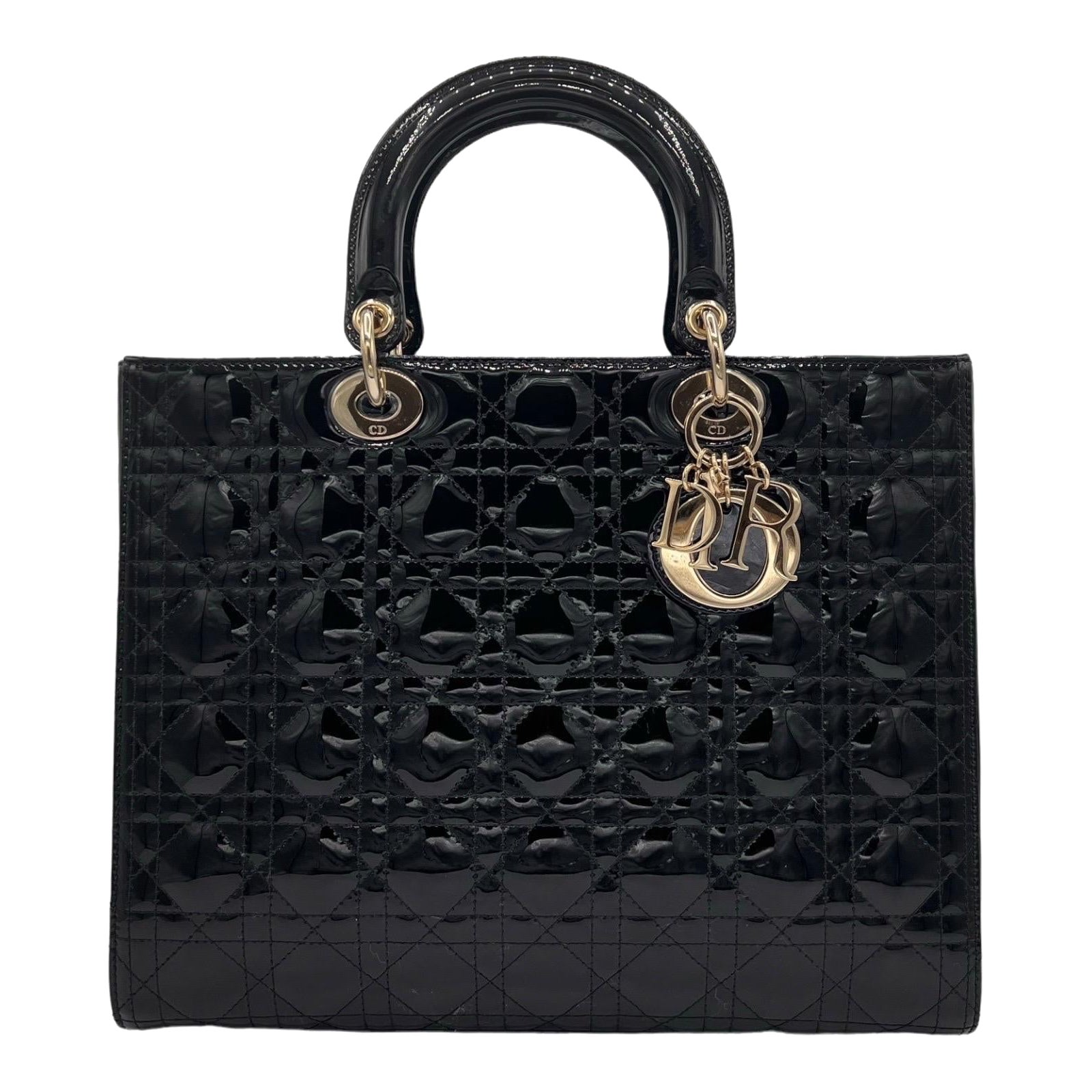 Dior Lady Grande Pelle Verniciata Nera Borsa a Tracolla For Sale