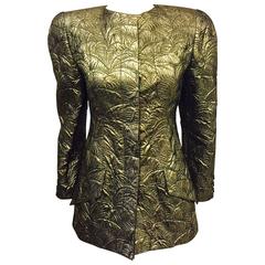 1990s Krizia Gold Lame Palm Frond Brocade Fitted Evening Jacket 