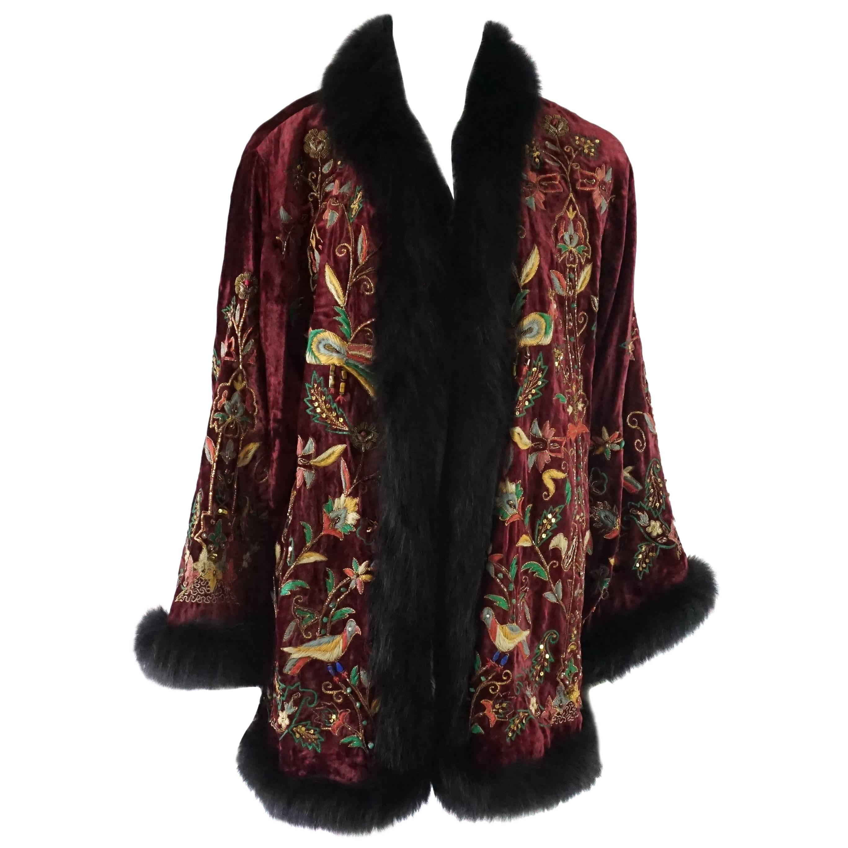Adrienne Landau Red Velvet and Multi Embroidered Cape with Fox Trim - 10