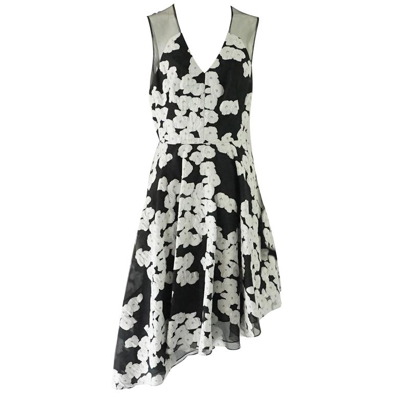 Lela Rose Black and White Floral Illusion Neck Dress For Sale at 1stDibs