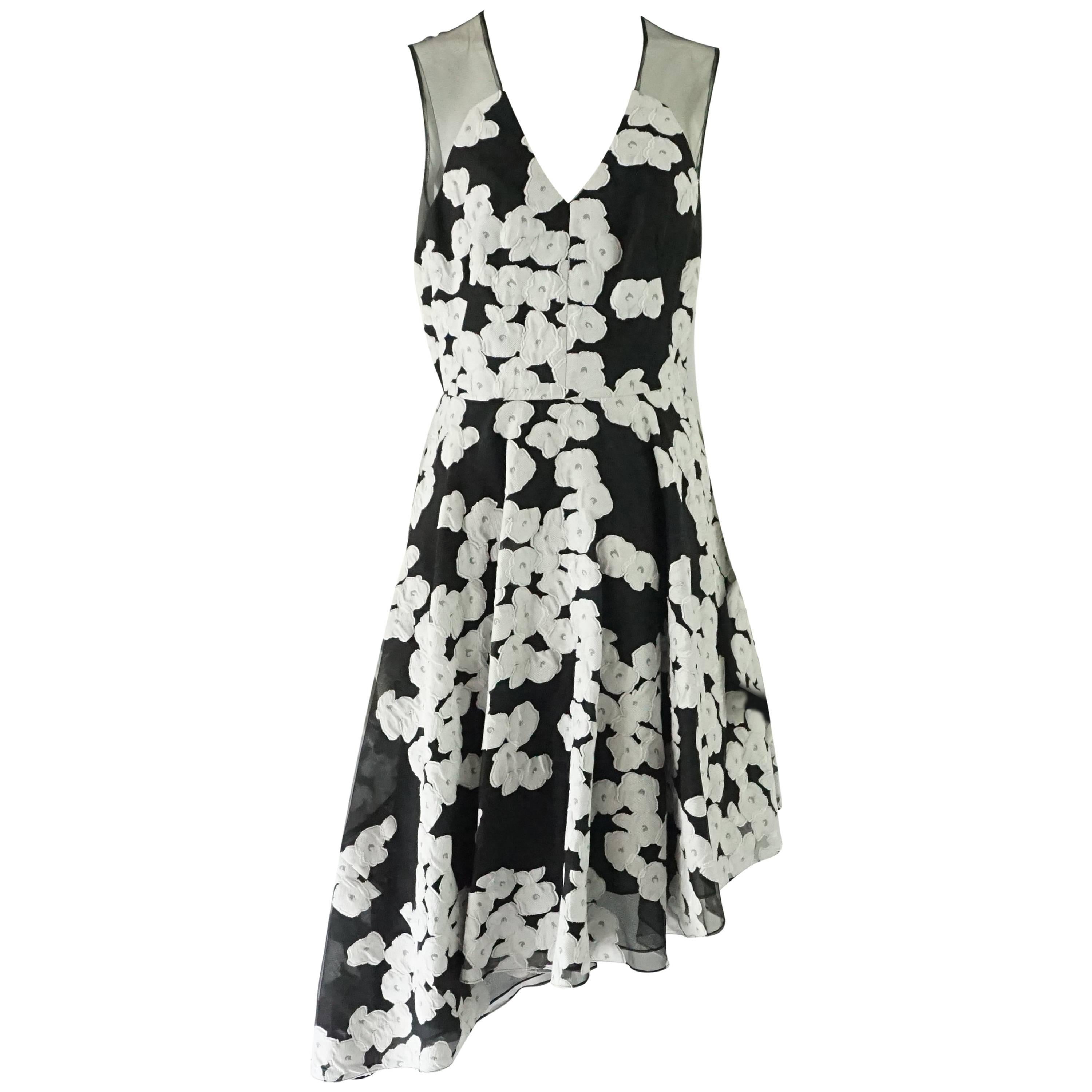 Lela Rose Black and White Floral Illusion Neck Dress 