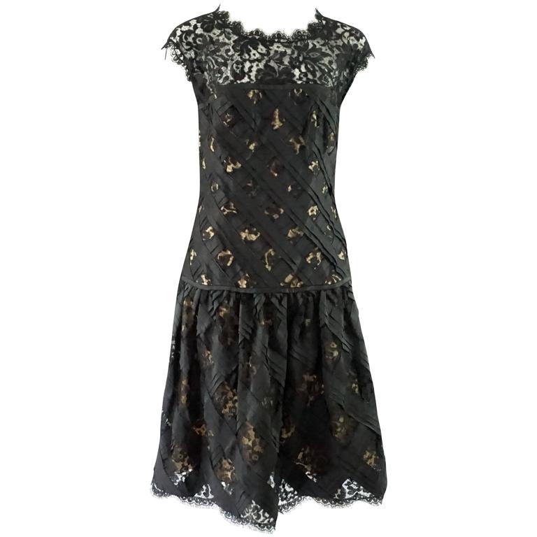 Oscar de la Renta Black and Beige Lace and Taffeta Crisscross Dress - 10 For Sale