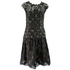 Oscar de la Renta Black and Beige Lace and Taffeta Crisscross Dress - 10 11