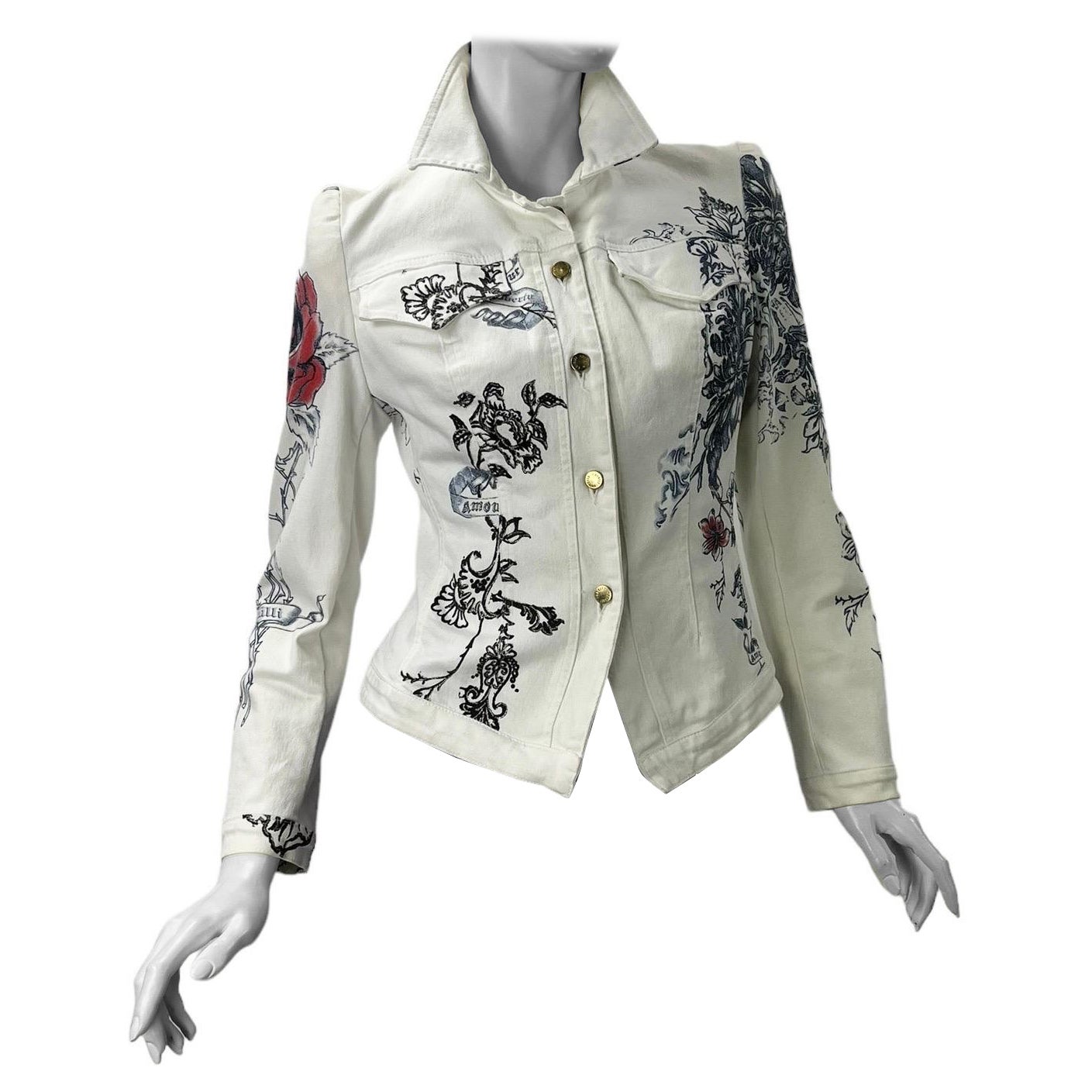 2003 Vintage Roberto Cavalli Tattoo Printed White Denim Jacket Size M For Sale
