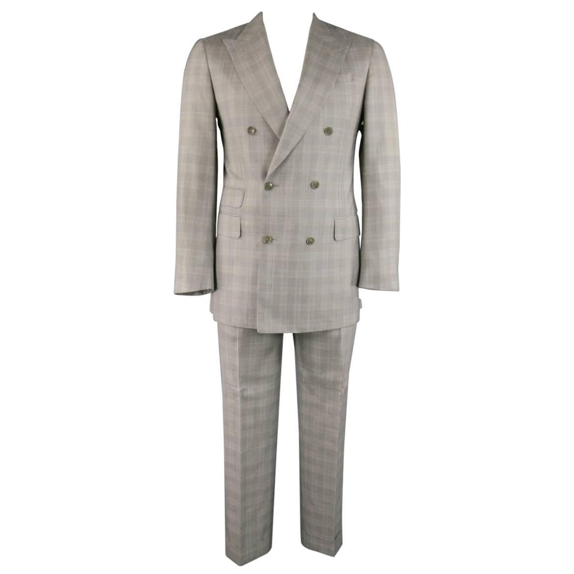 Pal Zileri Light Gray Plaid Wool/Silk Double Breasted Peak Lapel Suit, 40 Reg 