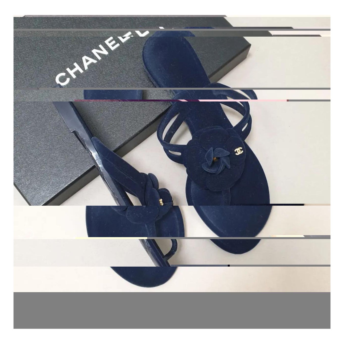NWOB Chanel Navy Blue Velour Camellia Thong Flip Flops For Sale