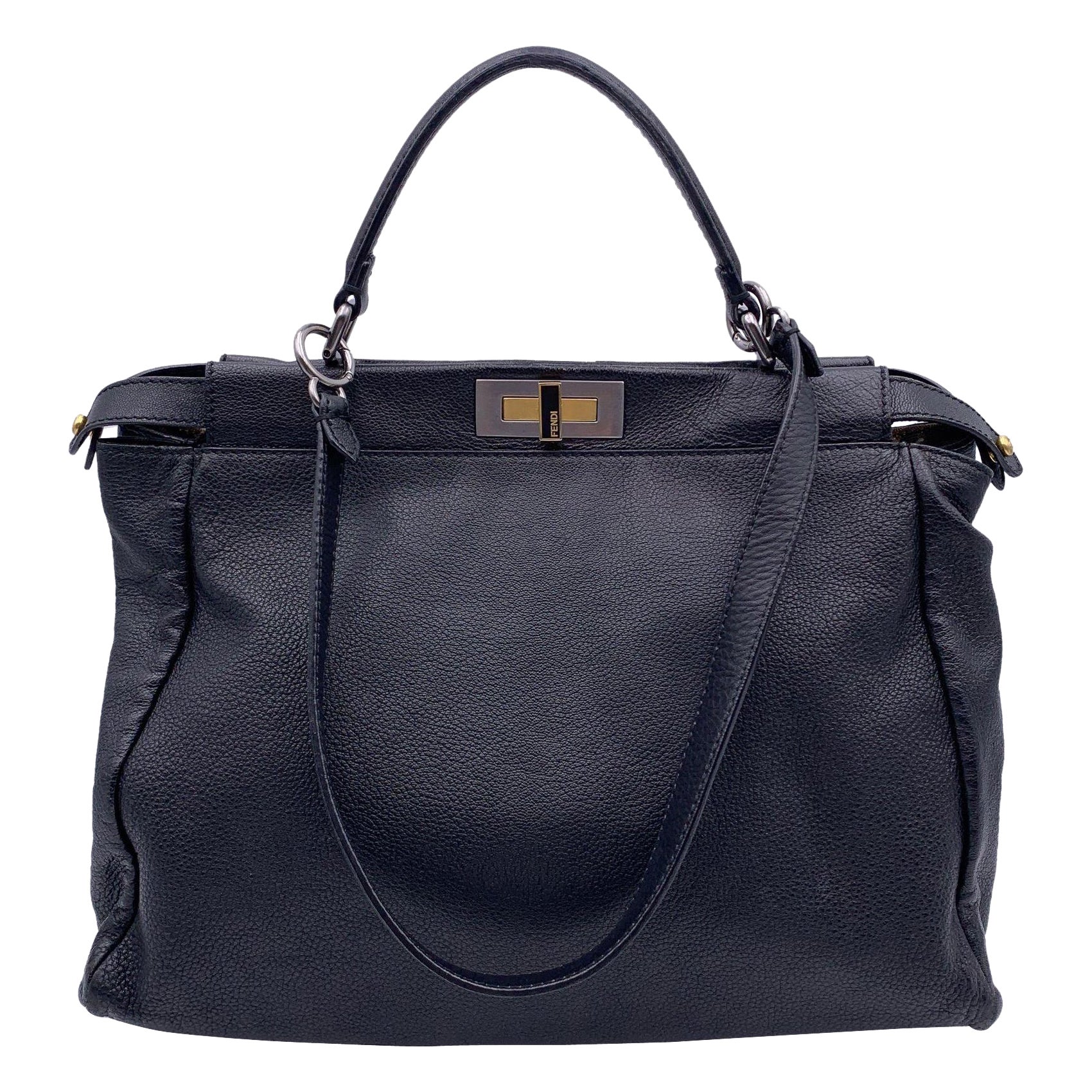 Fendi Black Leather Large Peekaboo Tote Top Handle Shoulder Bag