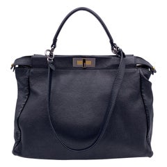 Used Fendi Black Leather Large Peekaboo Tote Top Handle Shoulder Bag