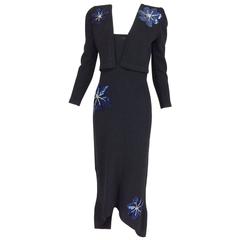Adolfo 2pc black knit strapless dress and jacket with sequin flowers 1970s 11