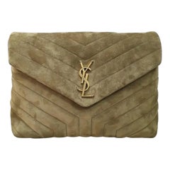 Used Saint Laurent Loulou Khaki Medium YSL Monogram Suede Flap Shoulder Bag