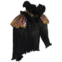 1980s Fortuny-Style Black Pleated Silk Caplet with Lavishly Embellished Epaulet 
