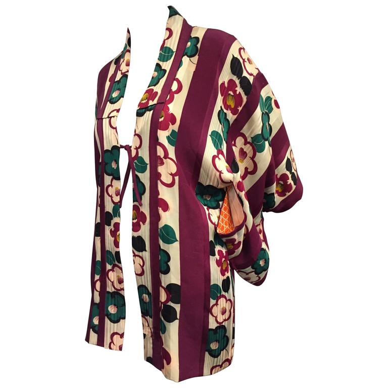 1940s Burgundy Teal And Ivory Floral and Awning Stripe Short Kimono ...