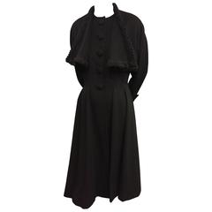 Vintage 1950s Willi Black Wool Fit and Flair Coat w Drape Collar Trimmed in Persian Lamb