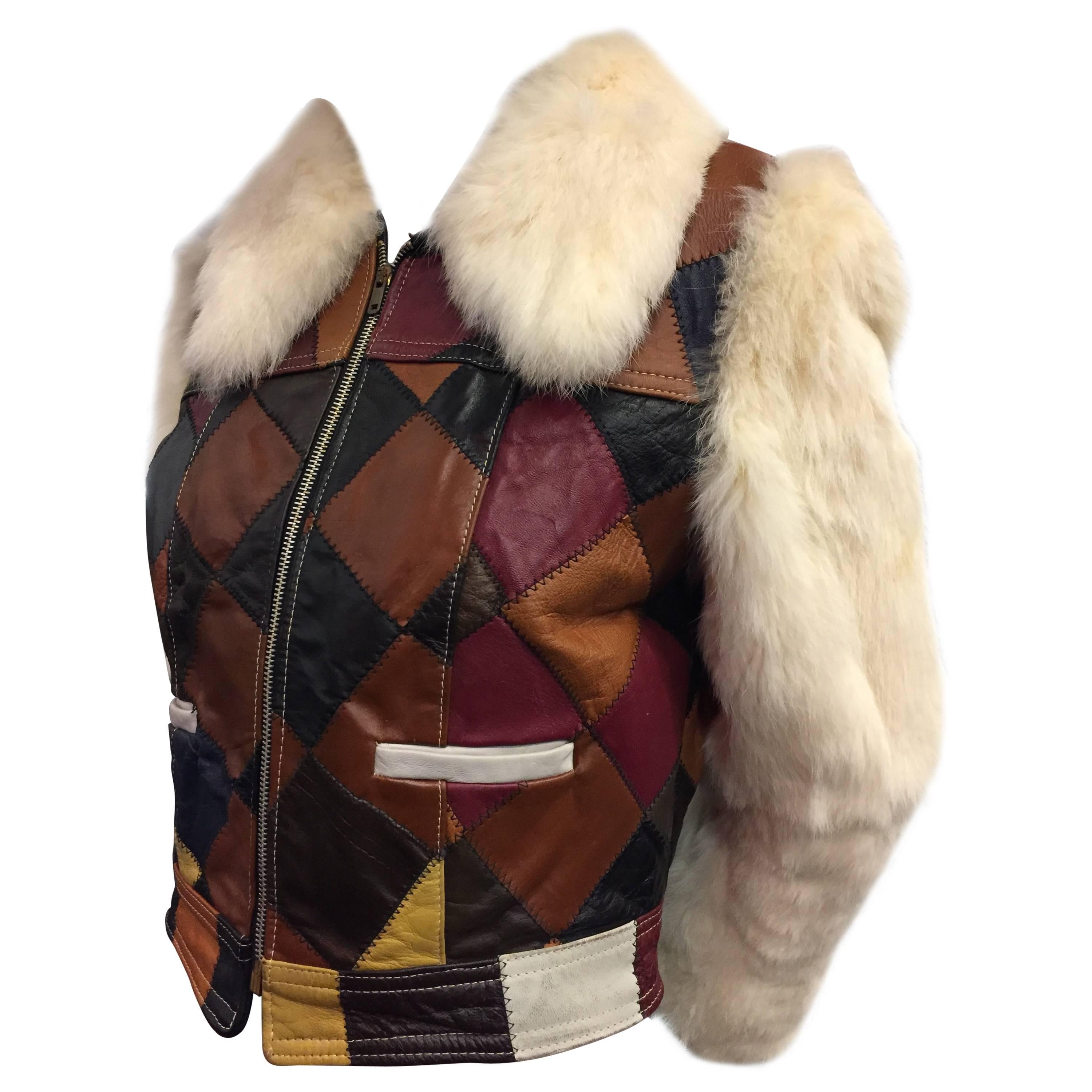 1970s White Rabbit and Multicolor Leather Patchwork Cropped Jacket
