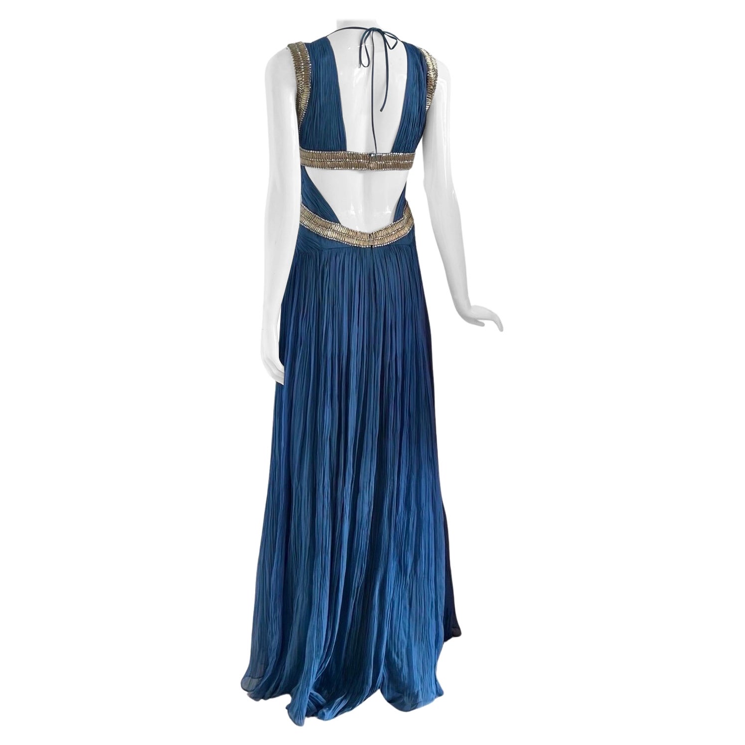 00's Roberto Cavalli Blue Chiffon Beaded Silk Dress For Sale