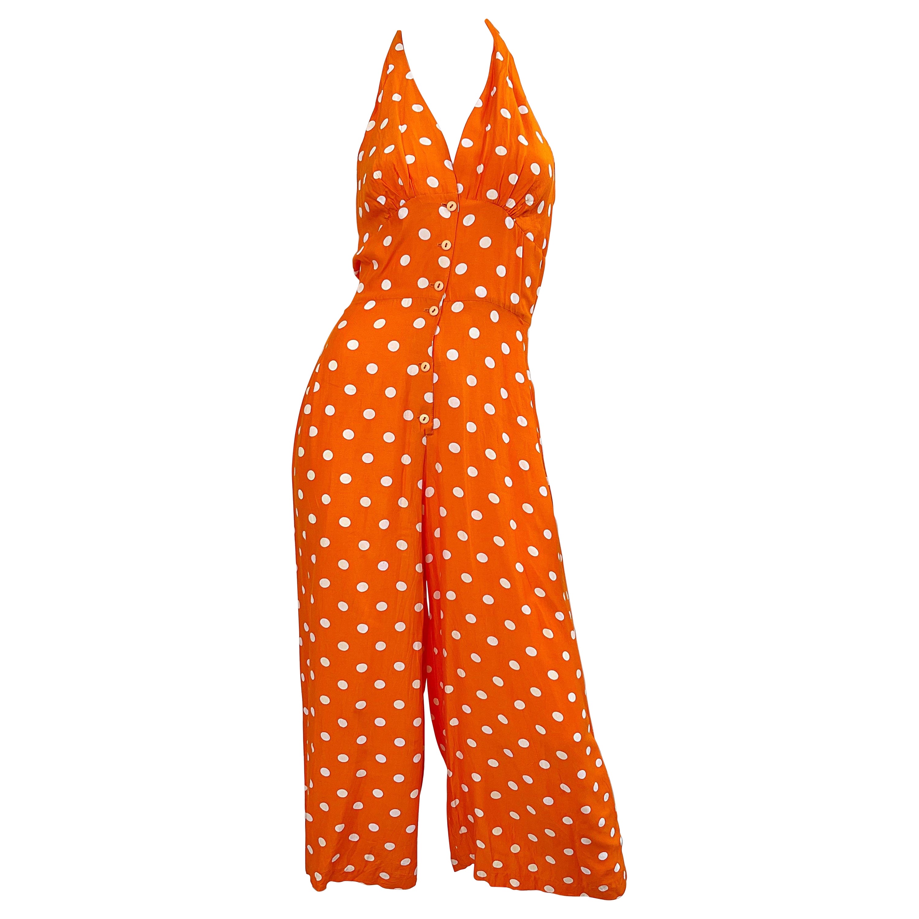 1990s Bright Orange + White Polka Dot Vintage 90s Halter Rayon Culottes Jumpsuit For Sale