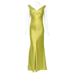 1995 Gianni Versace Couture Documented Runway Chartreuse Silk Off-Shoulder Gown