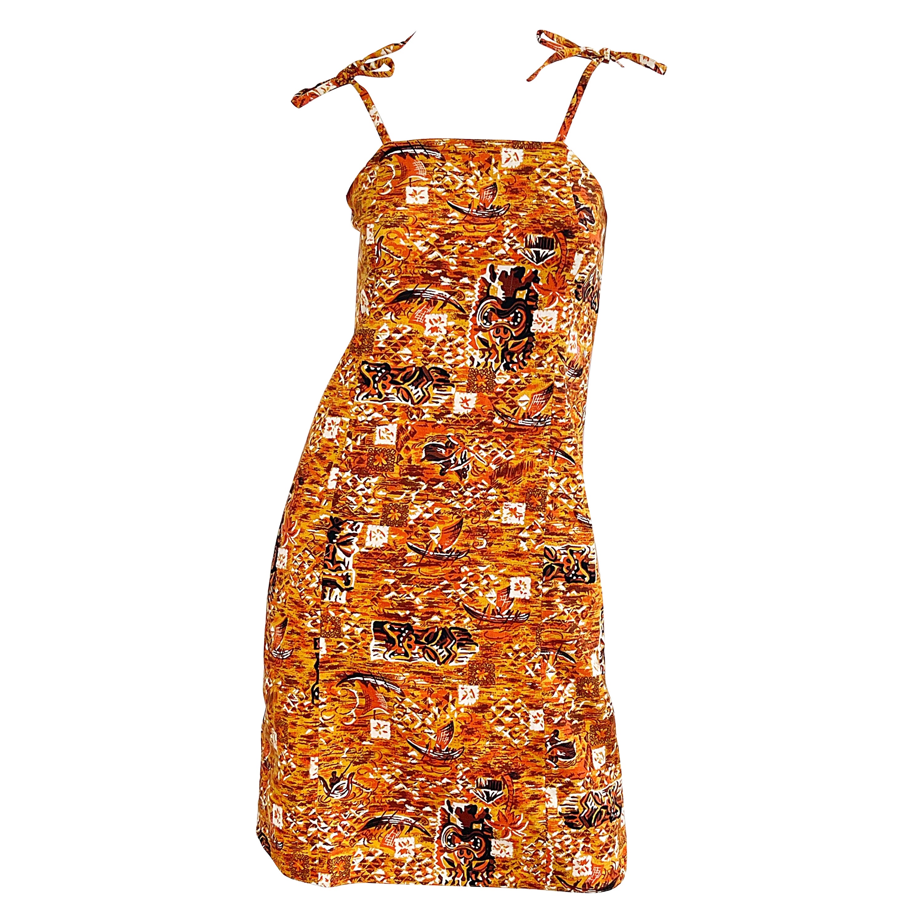 1990s Isaac Mizrahi Taglia 2 / 4 Novità Tiki Stampa Arancione Marrone Cotone 90s Dress in vendita