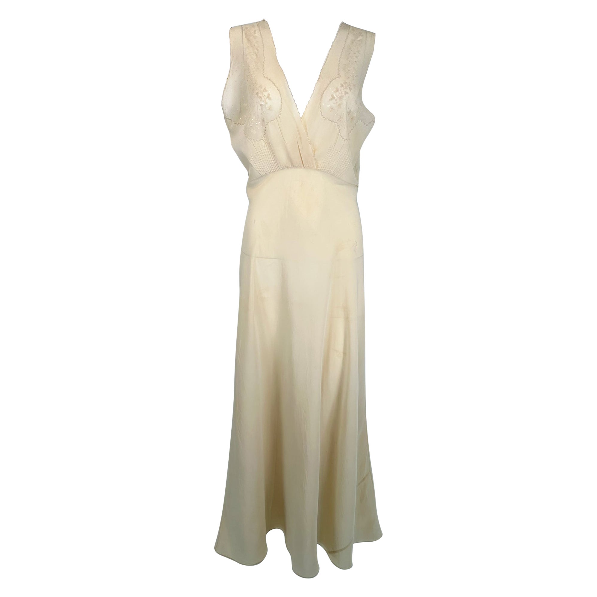 1930s Cream Bias Cut Sheer Silk Hand Embroidered & Appliqued Slip Dress Gown For Sale