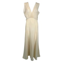 Used 1930s Cream Bias Cut Sheer Silk Hand Embroidered & Appliqued Slip Dress Gown